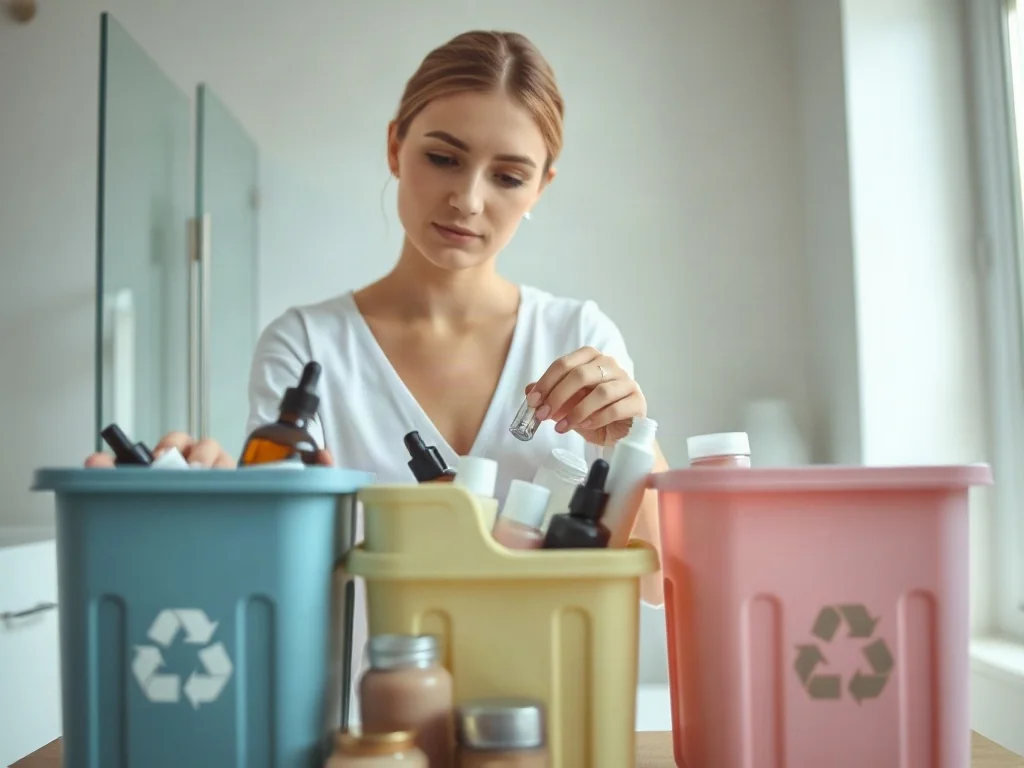 Kobieta segreguje zużyte kosmetyki do odpowiednich pojemników w nowoczesnej łazience, dbając o zasady recyklingu.