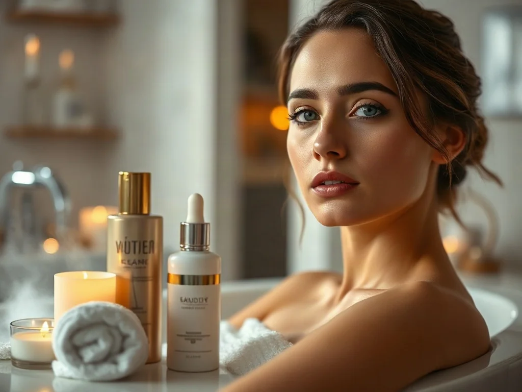 Kobieta relaksująca się w luksusowej łazience wśród produktów pielęgnacyjnych, świec i miękkiego ręcznika.